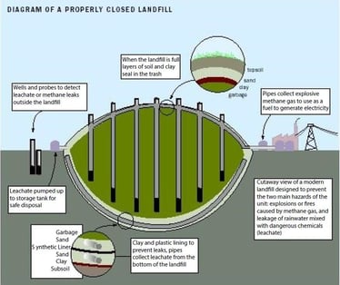 landfill diagram showing the complex engineered systems to protect human health and the environment such as liners to protect the soil beneath, caps to protect the air above, along with leachate and gas collection systems.