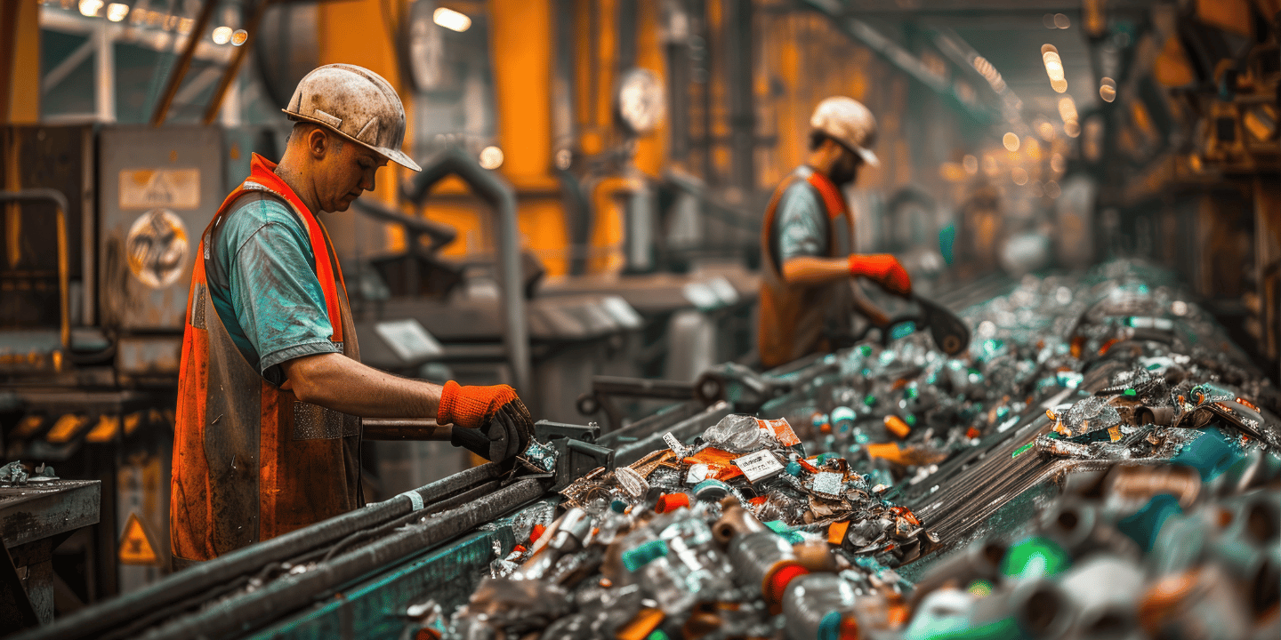 Recycling plant interior with workers sorting and processing materials on conveyor belts, emphasizing solid waste management.